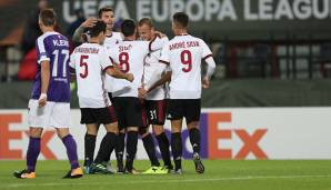 Die Milan-Spieler jubeln über den Kantersieg gegen die Austria