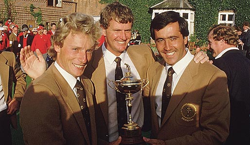 Acht Mal spielte Seve für das europäische Ryder-Cup-Team. Hier feiert er mit Bernhard Langer und Sandy Lyle den Triumph über die USA 1985 in The Belfry