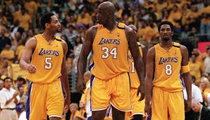 Los Angeles Lakers (1999-2002) - 3 Titel: Mit Kobe, Shaq und Robert Horry (v.r.n.l.) zerstören die Lakers unter Phil Jackson alles und schaffen den Threepeat um die Jahrtausendwende