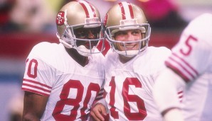 San Francisco 49ers (82-90) - 4 Super Bowls: Joe Montana (r.) gewann mit den Niners vier Super Bowls, zwei davon mit Jerry Rice, dem vielleicht größten Spieler aller Zeiten