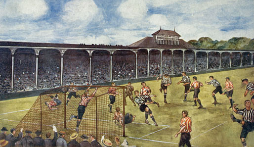 Das sieht doch schon wie Fußball aus: Unverkennbar spielen hier Sunderland und Newcastle im St. James' Park. Entstehung: 1904