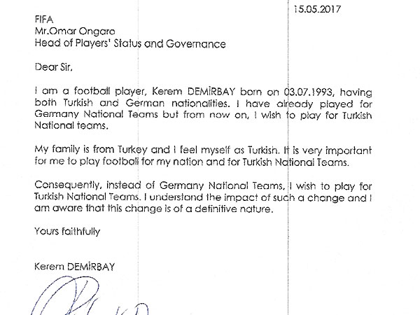 Diesen Brief von Kerem Demirbay veröffentlichte der türkische Verband auf Türkisch und Englisch