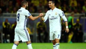 Ronaldo und Karim Benzema - zwei Jungs, die sich ziemlich gut verstehen. Der Franzose legte die meisten CL-Tore von Ronaldo auf - elf an der Zahl. Auf den Plätzen: Bale (7) und Marcelo (6).