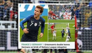 The Sun (England): "Griezmanns Doppelpack lässt die Deutschen dem Abstieg entgegenblicken. Für Deutschland setzt sich die größte Krise seit 18 Jahren fort. Joachim Löw muss um seinen Job fürchten, nachdem sein Team vom Weltmeister zerkrümelt wurde."