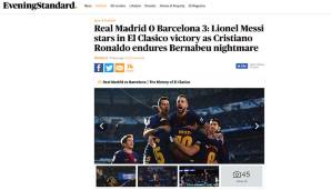ENGLAND - Cristiano Ronaldo musste einen Albtraum durchleben. Der Übeltäter: Messi natürlich. Der Evening Standard sah eine "peinliche" Clasico-Pleite mit einem glücklosen Ronaldo und einem schwachen Real-Mittelfeld um Toni Kroos