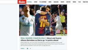 "Messi und Suarez lassen das Bernabeu verstummen", schreibt die Sun. Mit der zweiten Halbzeit habe Barca den Rivalen aus dem Titelrennen geworfen