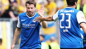 Julian Börner (l.) sorgt gegen Dynamo Dresden für den späten Ausgleichstreffer