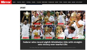 Roger Federer gewinnt zum achten Mal Wimbledon und macht sich damit zum alleinigen Rekordtitelträger. Der Daily Mirror hat die einzelnen Triumphe aufgelistet