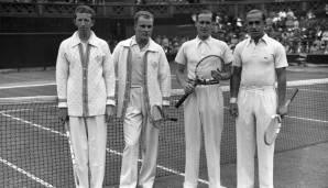 Don Budge (l., 13.6.1915 - 26.01.2000) gewann sechs Grand-Slam-Titel. 1938 gewann er sowohl die Australian Open und Wimbledon ohne Satzverlust. Mit seinen Erfolgen in Paris und bei den US Open komplettierte er als erster überhaupt den Grand Slam.
