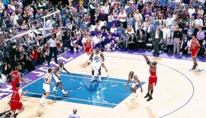 Im letzten Spiel seiner "richtigen" Karriere, klaute Michael Jordan (Chicago Bulls) Karl Malone den Ball, um wenige Sekunden später mit der Sirene den Sieg, die Championship und den zweiten Threepeat perfekt zu machen. 45 Punkte und Titel-Winner? Geht