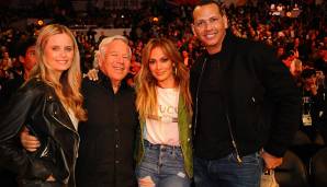 Noch mehr Prominenz: Patriots-Owner Robert Kraft, Jennifer Lopez und Baseball-Star Alex Rodriguez (die blonde Dame ist uns dagegen nicht bekannt).