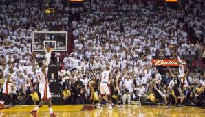 2013: Die Spurs führen mit 3:2 gegen die Heat und in Spiel 6 kurz vor Schluss mit 3 Punkten. Mit seinem legendärem Ecken-Dreier sorgt Ray Allen für die Overtime, in der Miami - genau wie das spätere Game 7 - gewinnt. LeBron atmet auf.