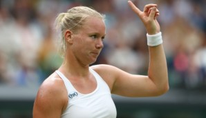 LONDON, ENGLAND - JULY 02: Kiki Bertens of The Netherlands reacts during the Ladies Singles third round match against Simona Halep of Romania on day six of the Wimbledon Lawn Tennis Championships at the All England Lawn Tennis and Croquet Club on Ju...