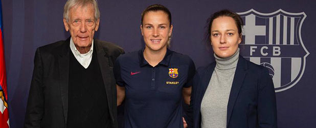 Jasmina Covic mit Klientin Ana-Maria Crnogorcevic und Brian Eylert beim FC Barcelona.