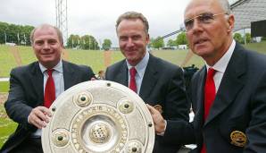 Die Elefantenrunde des FC Bayern: Hoeneß, Ex-Vorstandsboss Karl-Heinz Rummenigge und Ehrenpräsident Franz Beckenbauer.