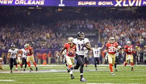 XLVII: Baltimore Ravens - San Francisco 49ers 34:31 - Mit einem furiosen Kaepernick stürmten die Niners in den Super Bowl, trafen da aber auf Flacco in der Form seines Lebens. Unvergessen: Der Stromausfall im Stadion sowie Jones' Kick-Off-Touchdown