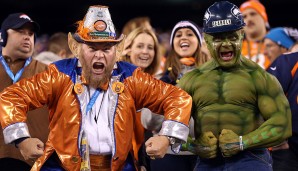 Eine Berühmtheit ist dabei längst der "SeaHulk"! Hier zu sehen beim Super Bowl 2014 mit einem nicht weniger leidenschaftlichen Broncos-Fan