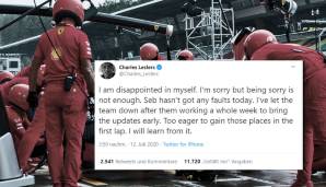 Charles Leclerc meldet sich schnell via Twitter: "Ich bin von mir selbst enttäuscht. Es tut mir leid, aber das ist nicht genug. Seb hat heute überhaupt nichts falsch gemacht. [...] Ich werde daraus lernen."