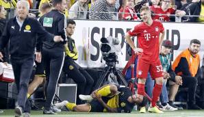 3. August 2019: Die Dortmunder schlagen den FCB mit 2:0, Thema des Abends ist aber ein Tritt von Joshua Kimmich gegen Jadon Sancho, als dieser an der Seitenauslinie steht und der Bayern-Sechser den Ball für einen schnellen Einwurf holen will.