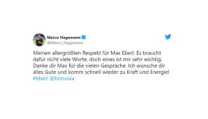 Marco Hagemann (Kommentator/Moderator bei DAZN und RTL Nitro): Meinen allergrößten Respekt für Max Eberl. Es braucht dafür nicht viele Worte, doch eines ist mir sehr wichtig. Danke dir Max für die vielen Gespräche. Ich wünsche dir alles Gute!"