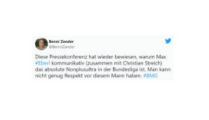 Benni Zander (Kommentator/Moderator bei DAZN, Magenta und Sportradio Deutschland): "Diese PK hat wieder bewiesen, warum Max Eberl kommunikativ das absolute Nonplusultra in der Bundesliga ist. Man kann nicht genug Respekt vor diesem Mann haben."