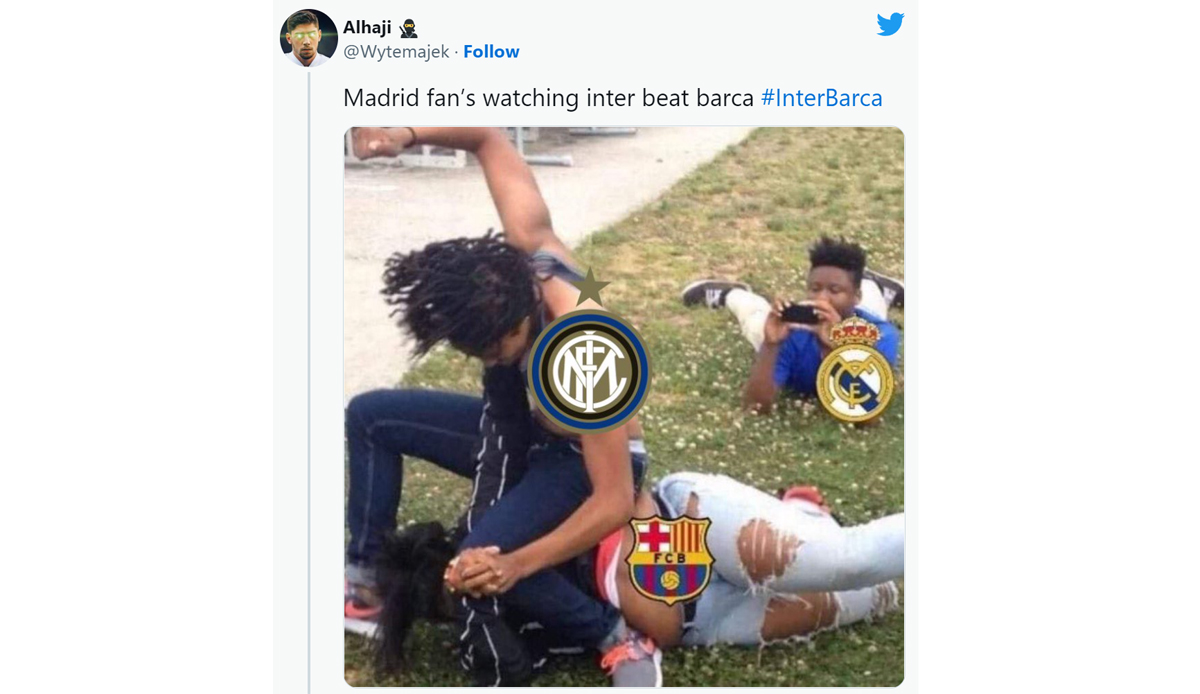 Madrid-Fans, die zusehen, wie Inter Barca schlägt.