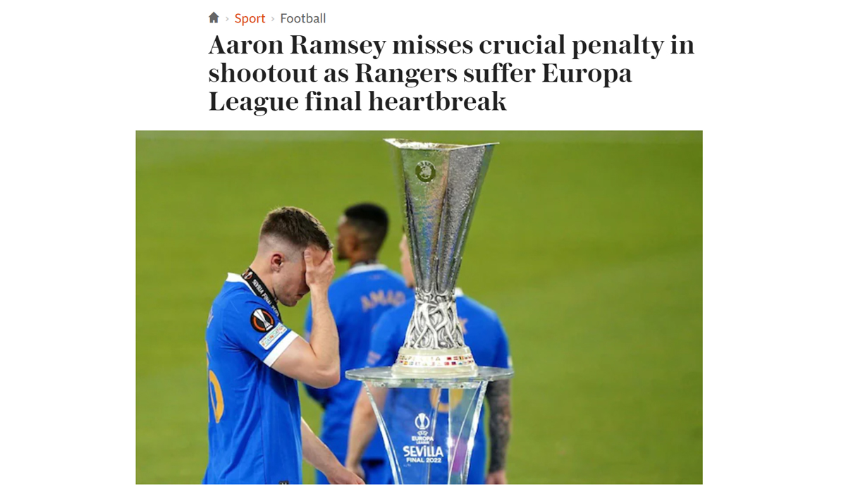 England - The Telegraph: "Aaron Ramsey verschießt den entscheidenden Elfmeter im Elfmeterschießen, während die Rangers einen Herzinfarkt im Finale der Europa League erleiden."