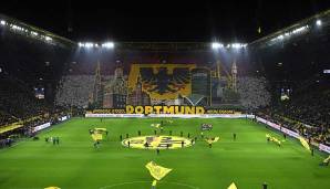 14. Februar 2020: Vor 107 Jahren übernimmt der BVB die schwarz-gelben Vereinsfarben. Das feierten die BVB-Fans vor dem Heimspiel gegen Eintracht Frankfurt mit einer gigantischen Choreo, die das Stadtwappen zeigt.