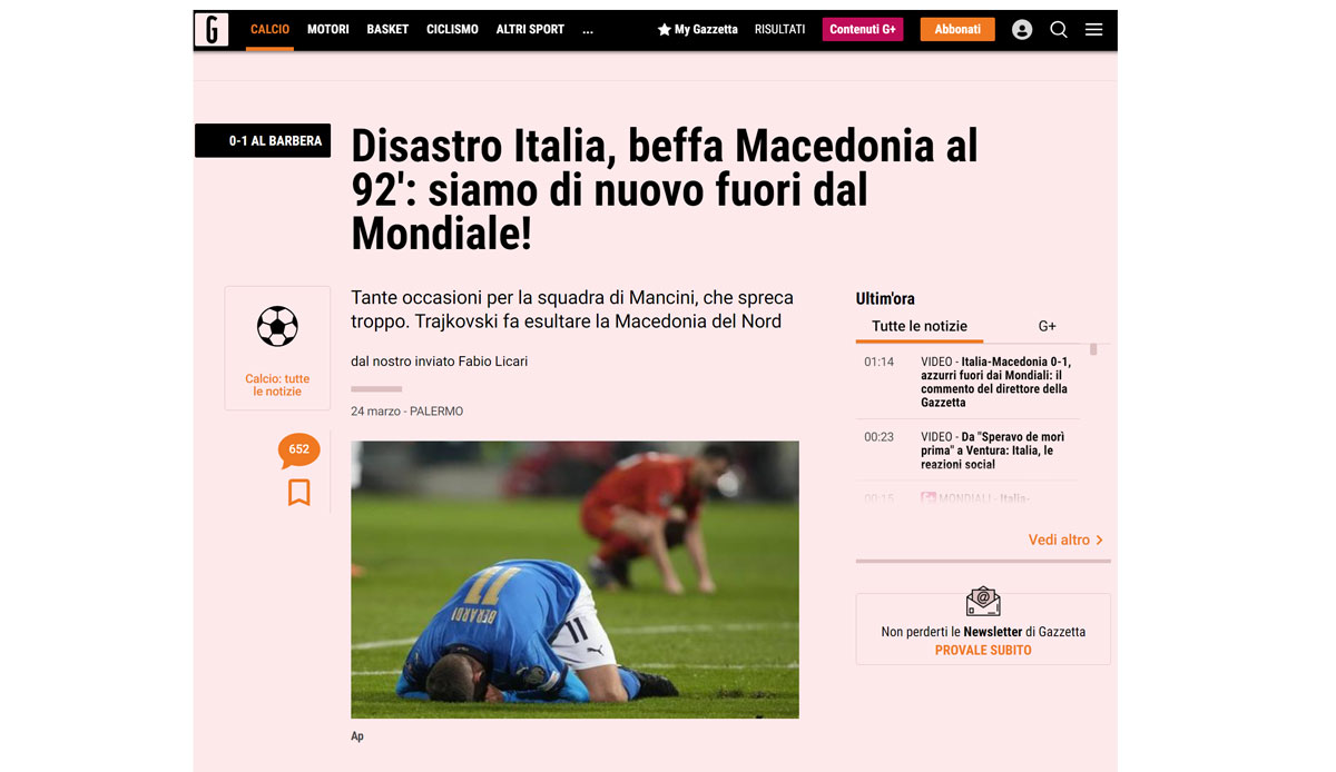 Italien - Gazzetta dello Sport: "Desaster für Italien, Mazedonien-Hohn in der 92. Minute. Auf Wiedersehen Welt, auf Wiedersehen Europäer, auf Wiedersehen alles. Das Abenteuer ist vorbei, Italien gibt es nicht mehr. Wir sind zurück in der Apokalypse."