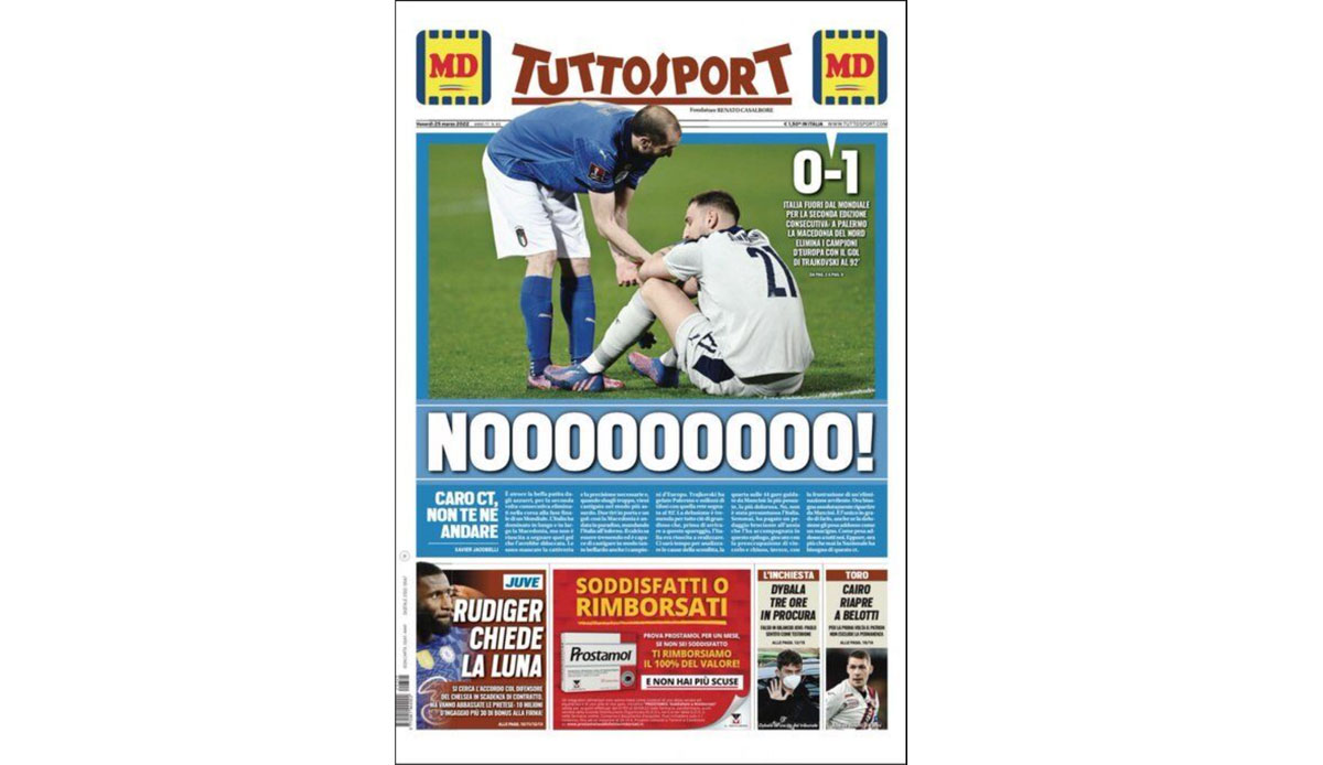 Tuttosport: "Blauer Albtraum! Mancini-K.o. gegen Mazedonien und raus aus der WM."