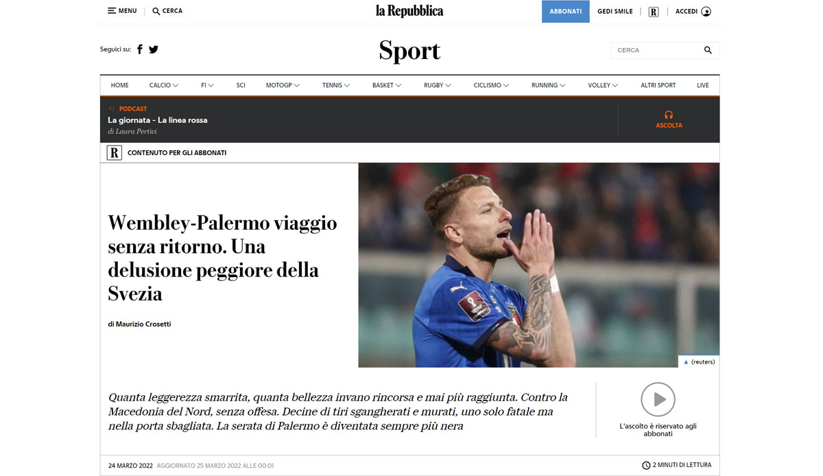 La Repubblica: "Zwei verpasste Weltmeisterschaften in Folge sind gleichbedeutend mit einer Kernschmelze, aus der unser Fußball nur schwer wieder aufstehen wird. Italien zum zweiten Mal in Folge aus der WM ausgeschieden."