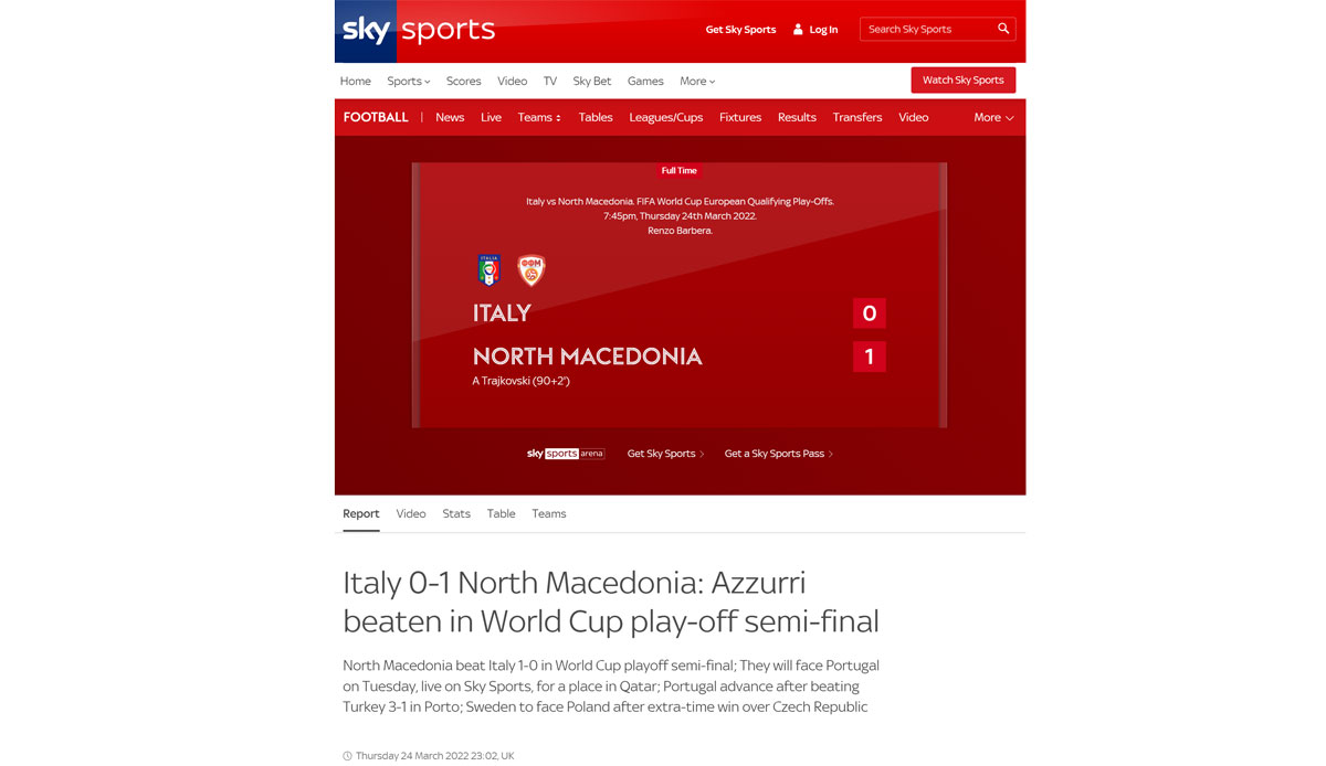 Sky Sports: "Italien verpasst Weltmeisterschaft nach überraschender Niederlage gegen Nordmazedonien."