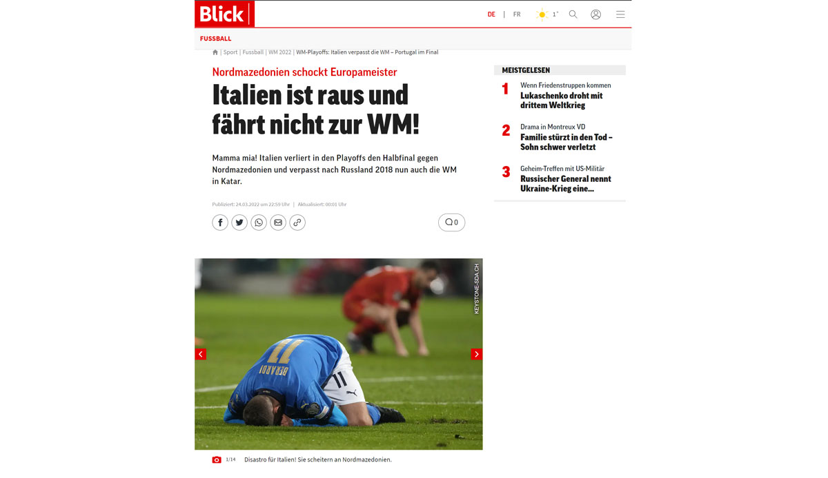 Schweiz - Blick: "Last-Minute-Schock für Europameister gegen Nordmazedonien: Italien ist raus und fährt nicht zur WM!"