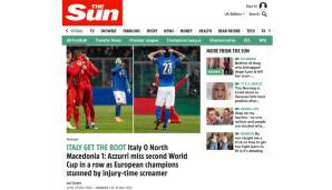 England - Sun: "Italien wird rausgeschmissen! Italien verpasst zweite WM in Folge. Mazedonien überrascht Europameister mit Traumtor in der Nachspielzeit."