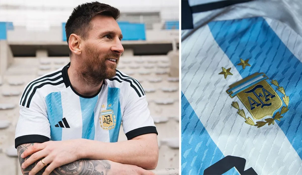 ARGENTINIEN (Heimtrikot): Argentiniens Heimtrikot für die Weltmeisterschaft 2022 ist durch den altbekannten Look gleich zu erkennen: Das Trikot weist oben Streifen im traditionellen Weiß- und Babyblau-Farbschema des Landes auf.