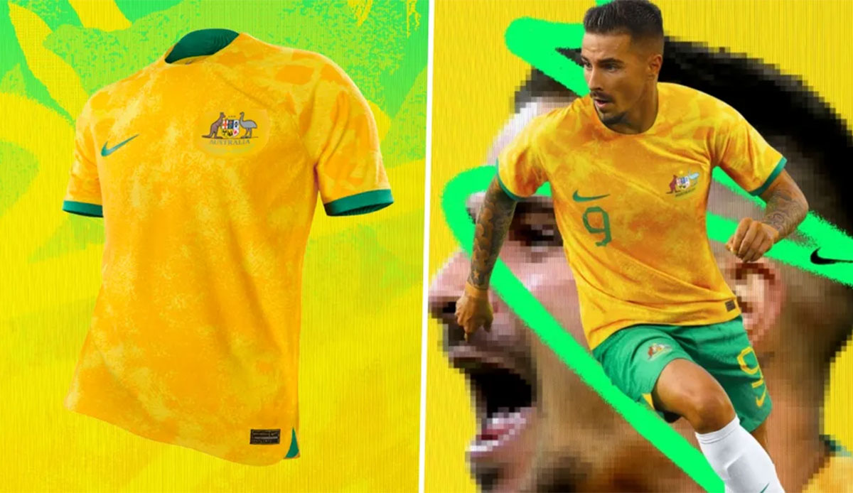 AUSTRALIEN (Heimtrikot): Die Socceroos bereiten sich auf ihre fünfte WM-Endrunde in Folge vor und hoffen, zum zweiten Mal die Gruppenphase zu überstehen. Dies versuchen sie mit einem Heimtrikot in den Farben University Gold, Tour Yellow und Green Noise.