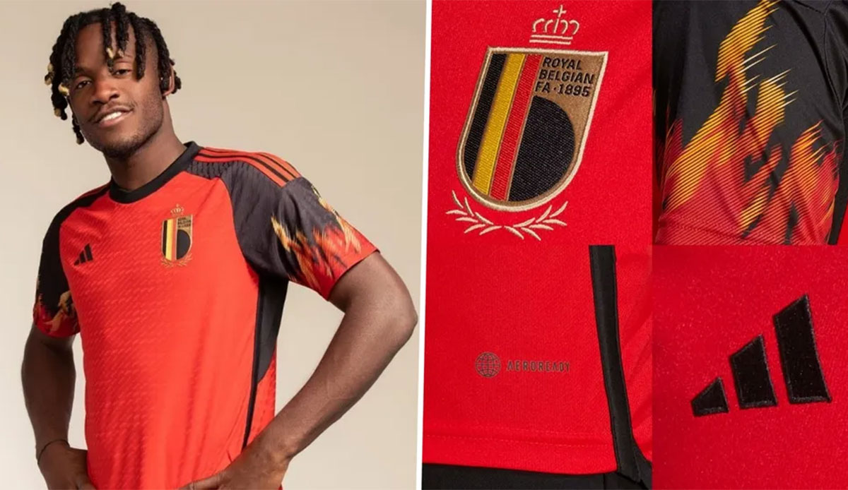 BELGIEN (Heimtrikot): Belgien hält an seiner Tradition fest und setzt auf ein rot-schwarzes Shirt. Die Flammen am Ärmel sind jedoch ein Novum. Die Grafiken haben einen leicht digitalisierten Look, während das Logo ein glänzendes Gold enthält.