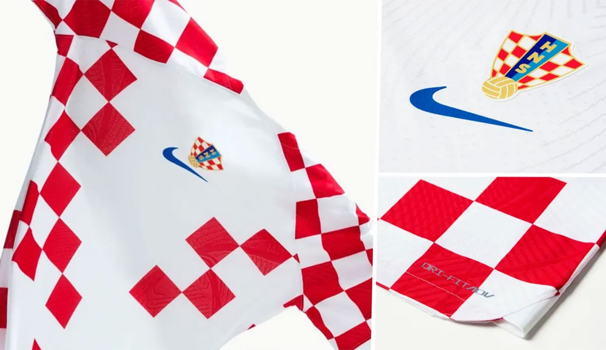 KROATIEN (Heimtrikot): Mit rot-weißen Karos sind die Möglichkeiten begrenzt, aber Nike und Kroatien haben eine neue Version des legendären Designs herausgebracht. Auf der Vorderseite des Trikots ist mehr offengelassen worden, vor allem rund um das Logo.