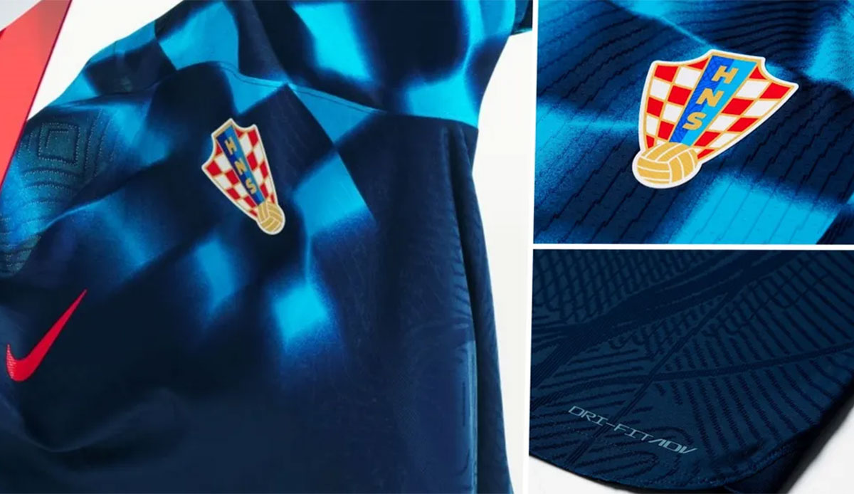 KROATIEN (Auswärtstrikot): Das "Blackened Blue" ist die neue Farbe des kroatischen Auswärtstrikots und wird mit einem "University Red" ergänzt. Das grundsätzliche Design ähnelt dem Heimtrikot, verschwommene Karos verzieren die Schulter.