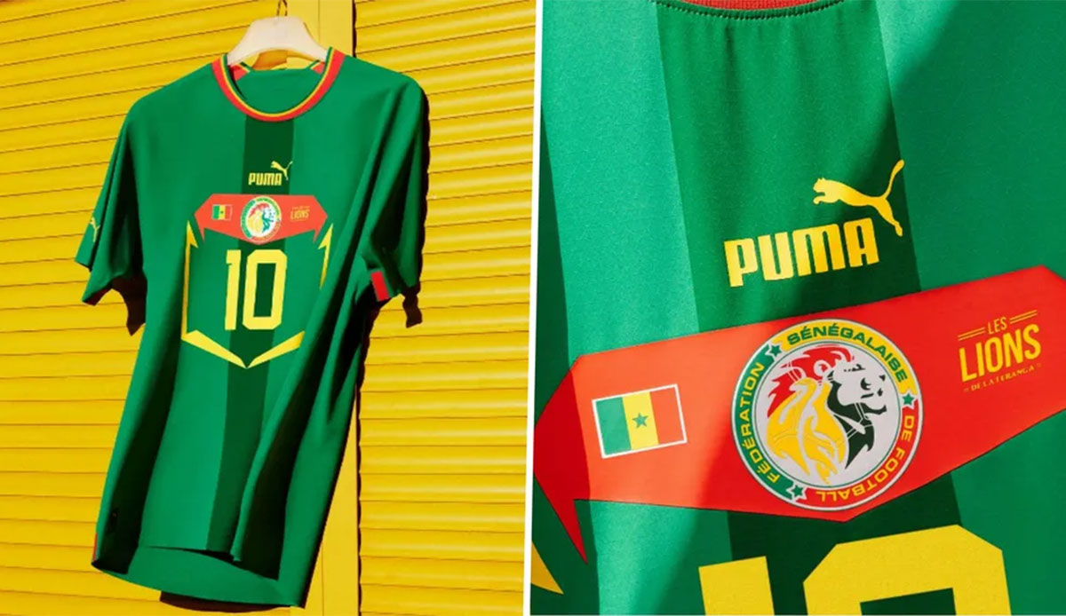 SENEGAL (Auswärtstrikot): Das Auswärtstrikot Senegals ähnelt anderen Designs von Puma. Es ist überwiegend grün, blitzt an Kragen und Ärmeln in Rot und Gelb auf. Der Spitzname "Les Lions de la Teranga" ist im zentralen Nummernfeld platziert.