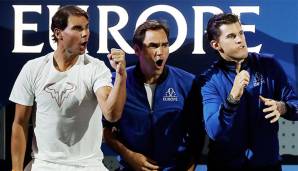 Dominic Thiem, Rafael Nadal und Roger Federer jubeln beim Laver Cup