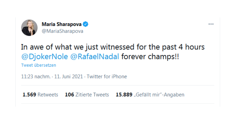 Maria Sharapova: "In Ehrfurcht vor dem, was wir in den letzten vier Stunden erlebt haben. Novak Djokovic und Rafael Nadal - für immer Champions!!