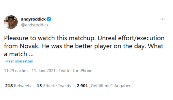 Andy Roddick: "Ein Genuss, dieses Matchup zu verfolgen. Unglaublicher Aufwand/Ausführung von Novak. Er war an diesem Tag der bessere Spieler. Was ein Match ..."