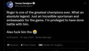 Tenny Sandgren (US-amerikanischer Tennis-Profi): Für Sandgren ist Federer einfach eine "absolute Legende" und er fühle sich "priviligiert, weil ich mich schon mit ihm messen durfte". Seine letzte Bemerkung übergehen wir mal ...