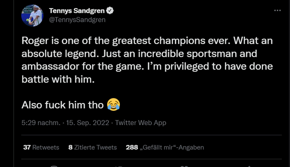 Tenny Sandgren (US-amerikanischer Tennis-Profi): Für Sandgren ist Federer einfach eine "absolute Legende" und er fühle sich "priviligiert, weil ich mich schon mit ihm messen durfte". Seine letzte Bemerkung übergehen wir mal ...