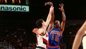 Platz 17: VINNIE JOHNSON – Er war die erste echte Mikrowelle der NBA und tütete die Championship 1990 für die Detroit Pistons ein. Aus der Isolation heraus stieg Johnson hoch und versenkte wenige Sekunden vor dem Ende von Spiel 5 den Jumper zum Sieg.
