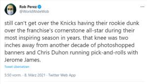 Rob Perez (Influencer): "Ich kann es immer noch nicht verkraften, dass die Knicks ihren Rookie über den Eckpfeiler der Franchise und All-Star in ihrer erfolgreichsten Saison seit Jahren dunken lassen."