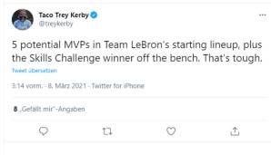 Trey Kerby (No Dunks): "Fünf potenzielle MVPs im Starting Lineup von Team LeBron plus der Gewinner der Skills Challenge von der Bank. Das ist hart."