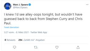 Marc J. Spears (The Undefeated): "Ich wusste, dass wir heute Alley-Oops sehen würden. Aber ich hätte nicht gedacht, dass wir zwei hintereinander von Stephen Curry und Chris Paul sehen würden."