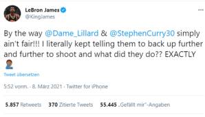 LeBron James (Los Angeles Lakers): "Ganz nebenbei: Damian Lillard und Stephen Curry sind einfach unfair!!! Ich habe ihnen buchstäblich gesagt, dass sie von immer weiter weg werfen sollen und was haben sie gemacht? GANZ GENAU"